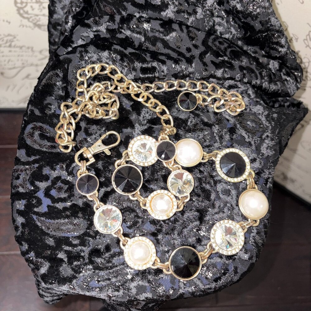 RETRO Gold Chain Link Hip Waist Belt, circle links black white pearl gemstones